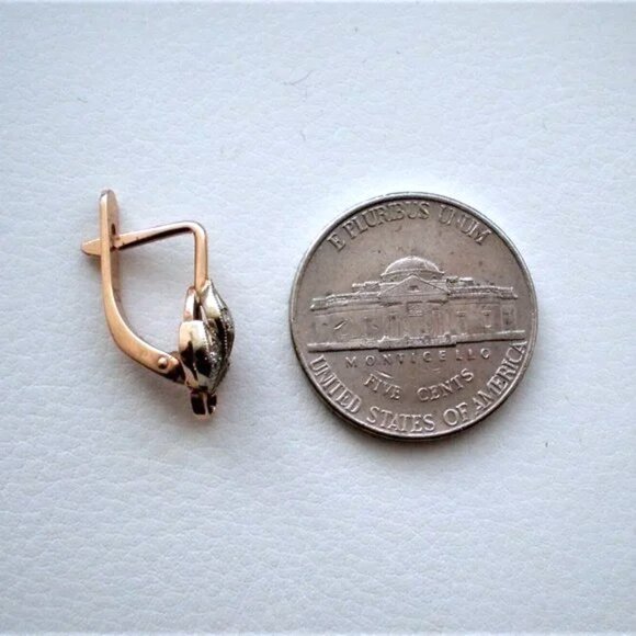 Vintage Soviet USSR Solid 14K 583 Rose Pink White Gold Diamond Pierced Earrings - Picture 4 of 7